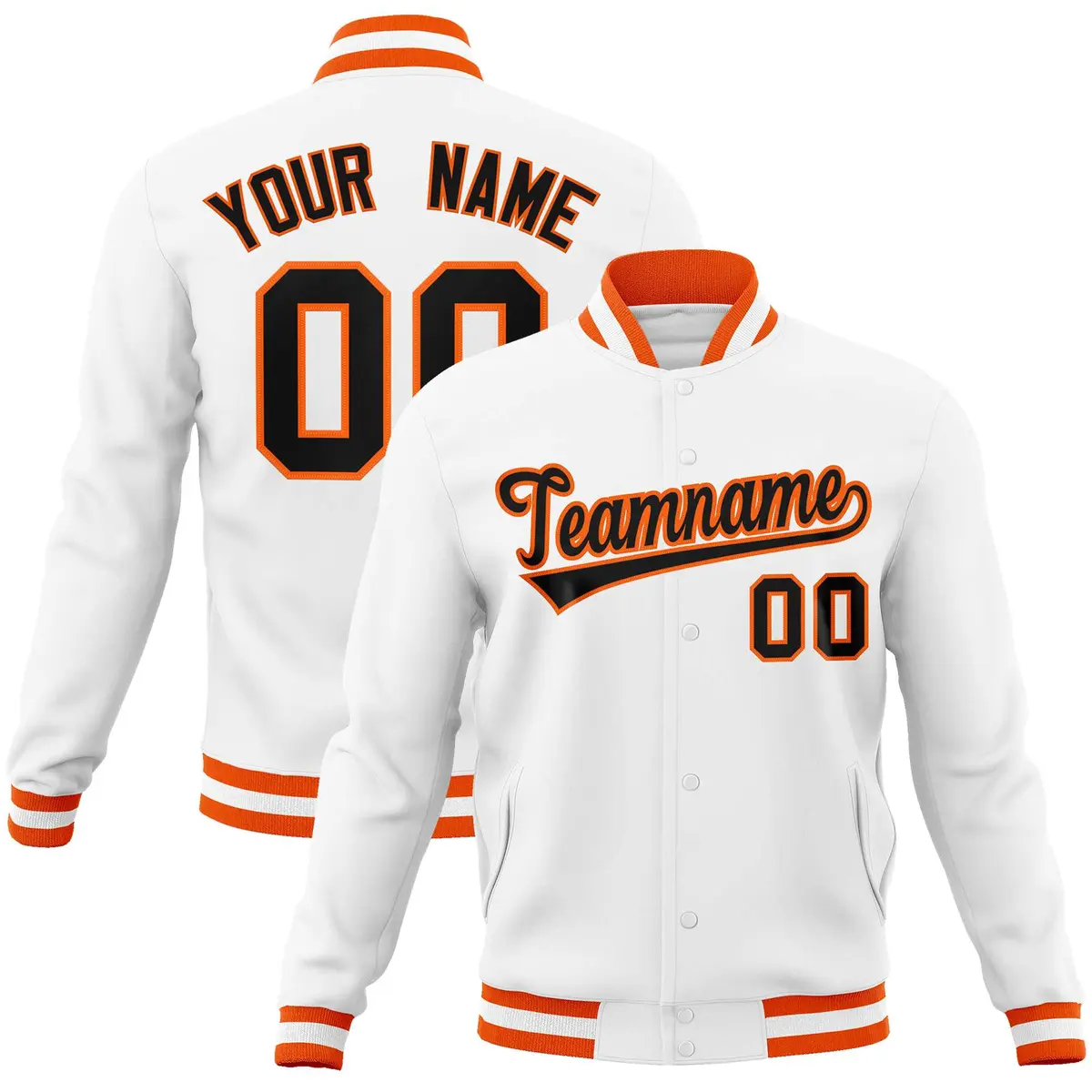 White Black-Orange Varsity Full-Snap Letterman Jacket