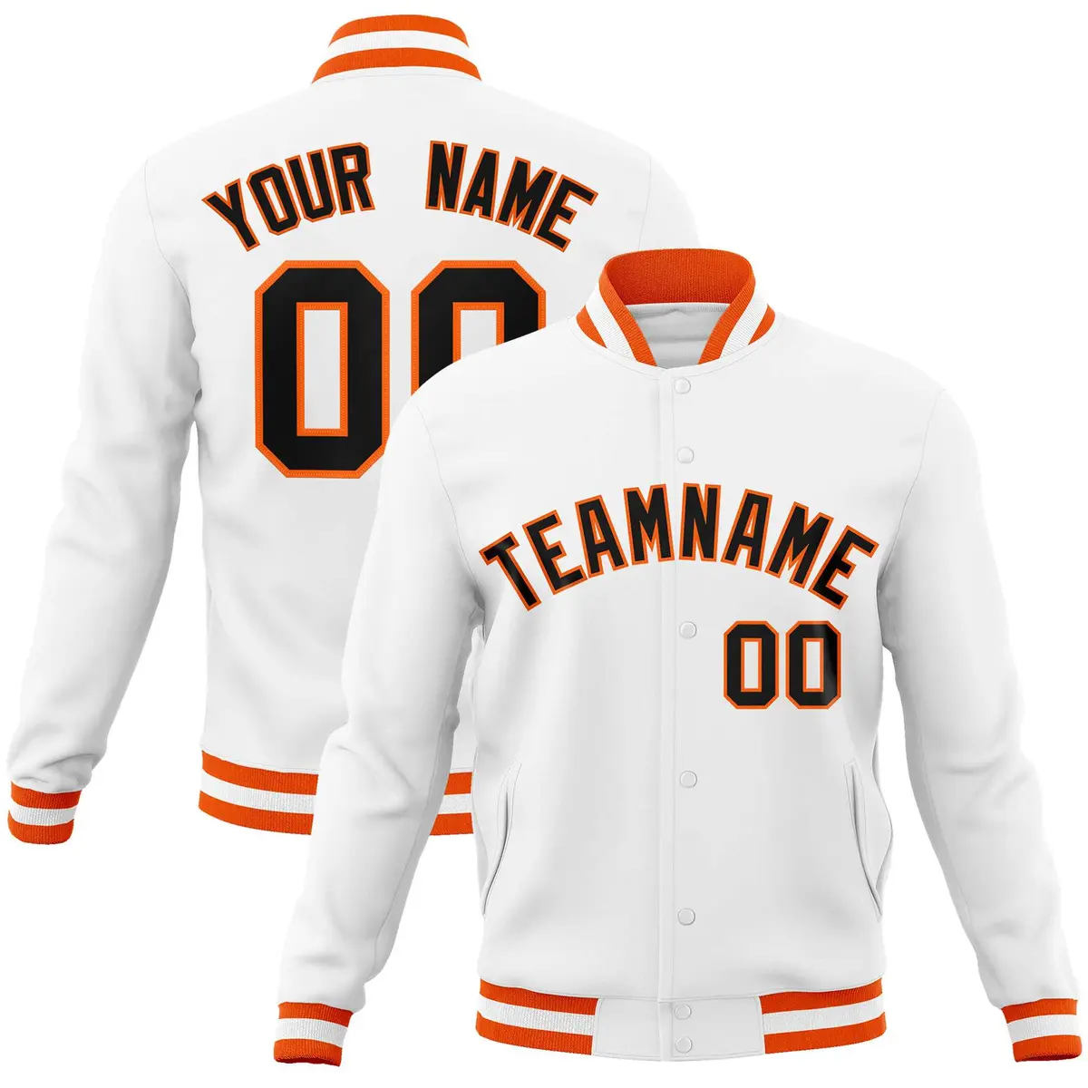 White Black-Orange Varsity Full-Snap Letterman Jacket