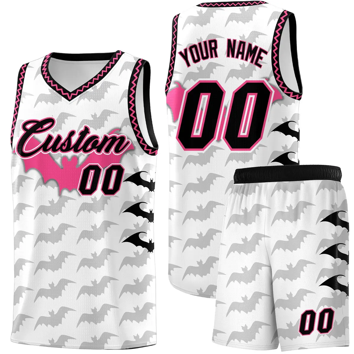 White Black Pink Bat Pattern Halloween Basketball Jersey