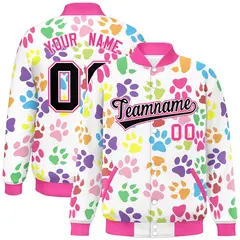 White Black-Pink Paw Prints Graffiti Varsity Letterman Baseball Jacket