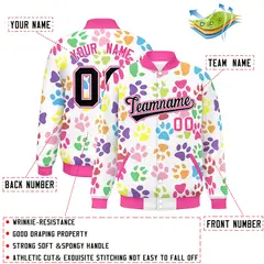 White Black-Pink Paw Prints Graffiti Varsity Letterman Baseball Jacket 2