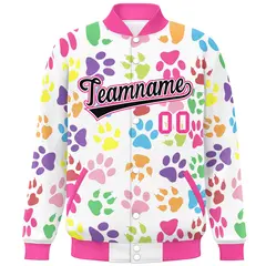 White Black-Pink Paw Prints Graffiti Varsity Letterman Baseball Jacket 3