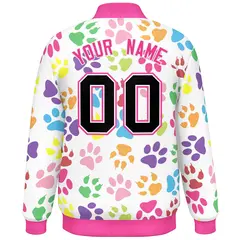 White Black-Pink Paw Prints Graffiti Varsity Letterman Baseball Jacket 4