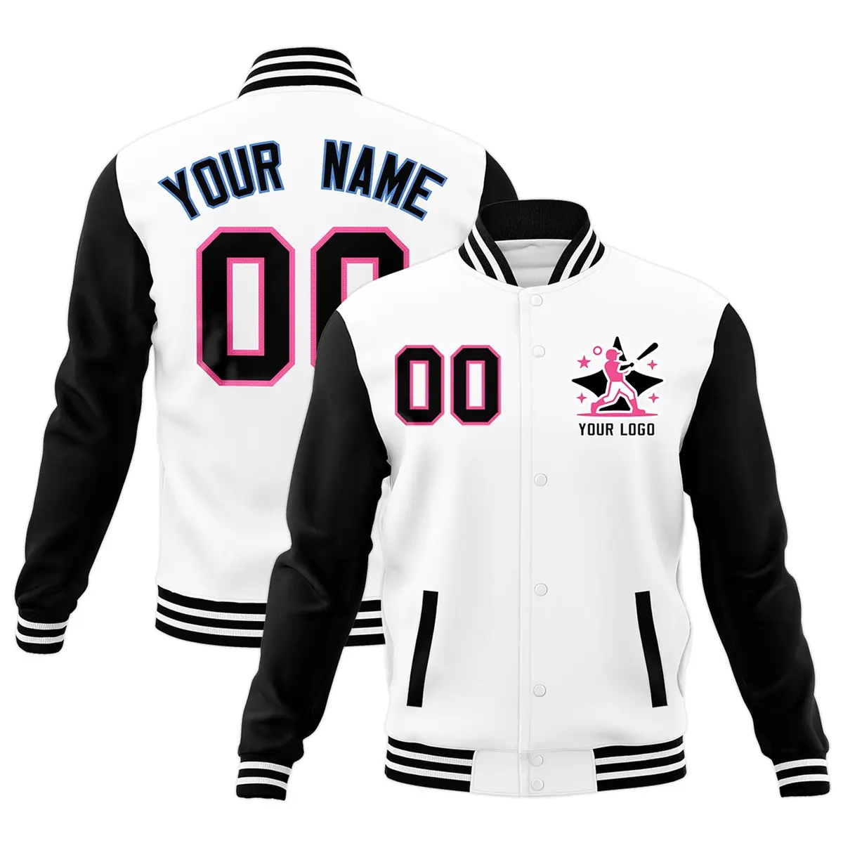 White Black Pink Raglan Sleeves Full-Snap Letterman Cotton Jacket