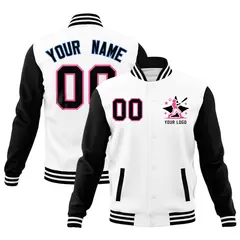 White Black Pink Raglan Sleeves Full-Snap Letterman Cotton Jacket 1