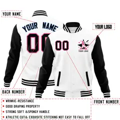 White Black Pink Raglan Sleeves Full-Snap Letterman Cotton Jacket 2