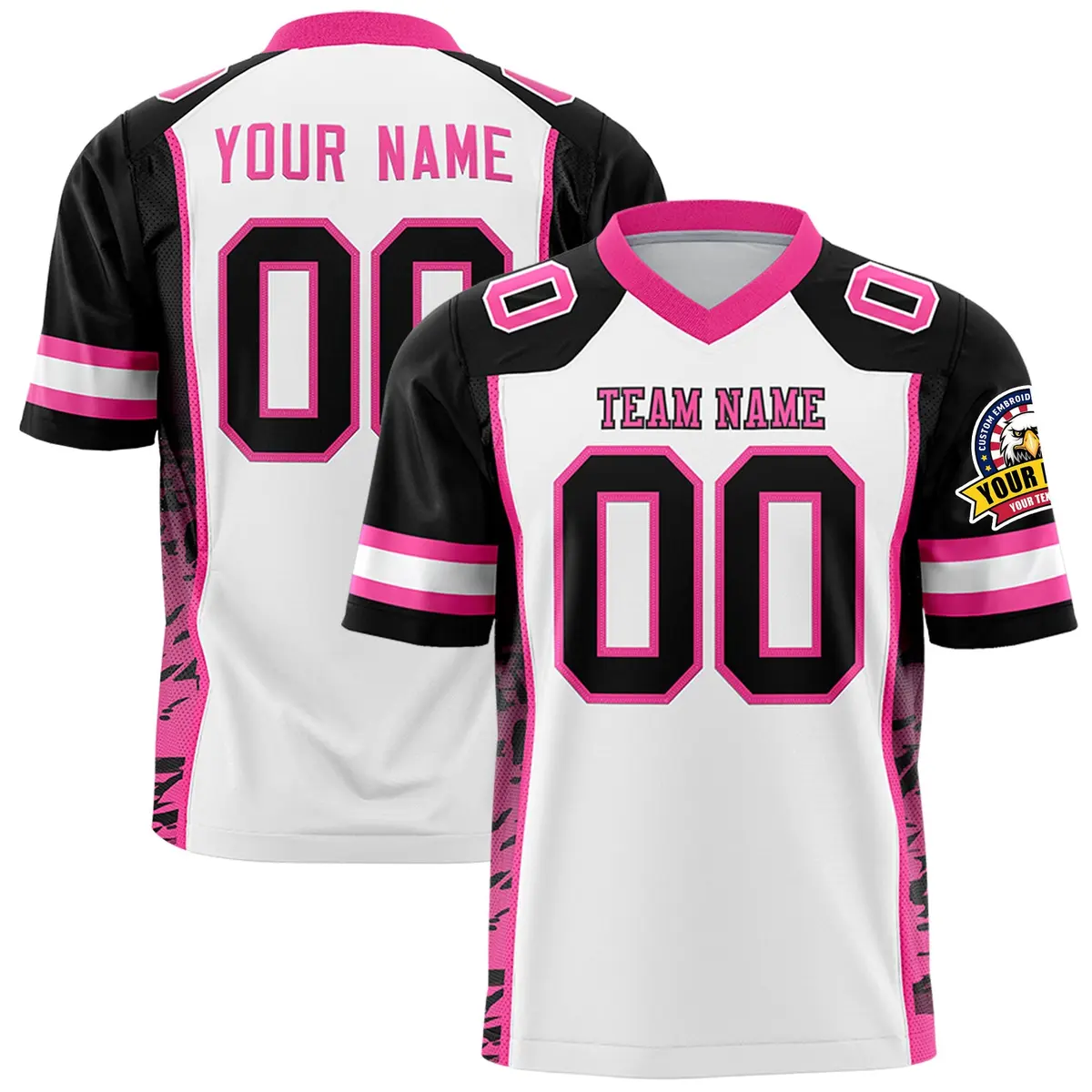 White Black-Pink Raglan Sleeves Side Pattern Football Jersey