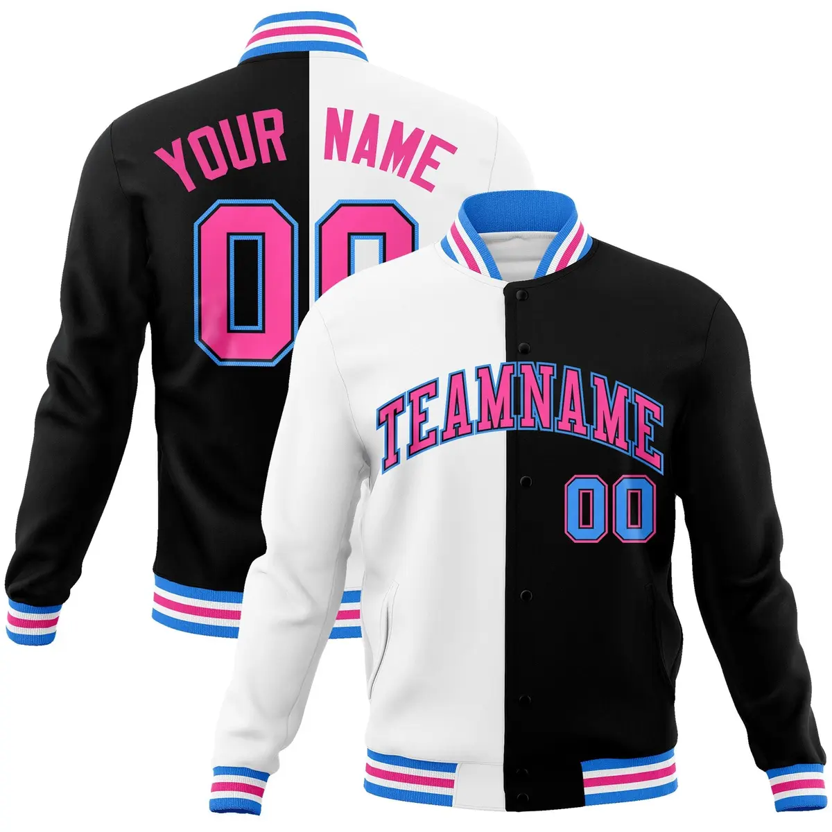 White Black-Pink Two Tone Split Varsity Full-Snap Letterman Jacket