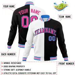 White Black-Pink Two Tone Split Varsity Full-Snap Letterman Jacket 4