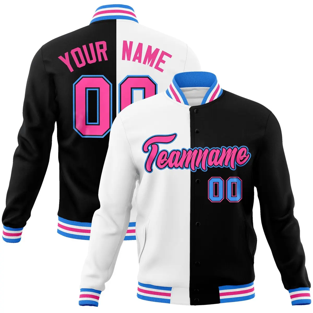 White Black-Pink Two Tone Split Varsity Full-Snap Letterman Jacket