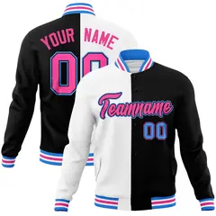 White Black-Pink Two Tone Split Varsity Full-Snap Letterman Jacket