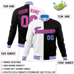 White Black-Pink Two Tone Split Varsity Full-Snap Letterman Jacket 4