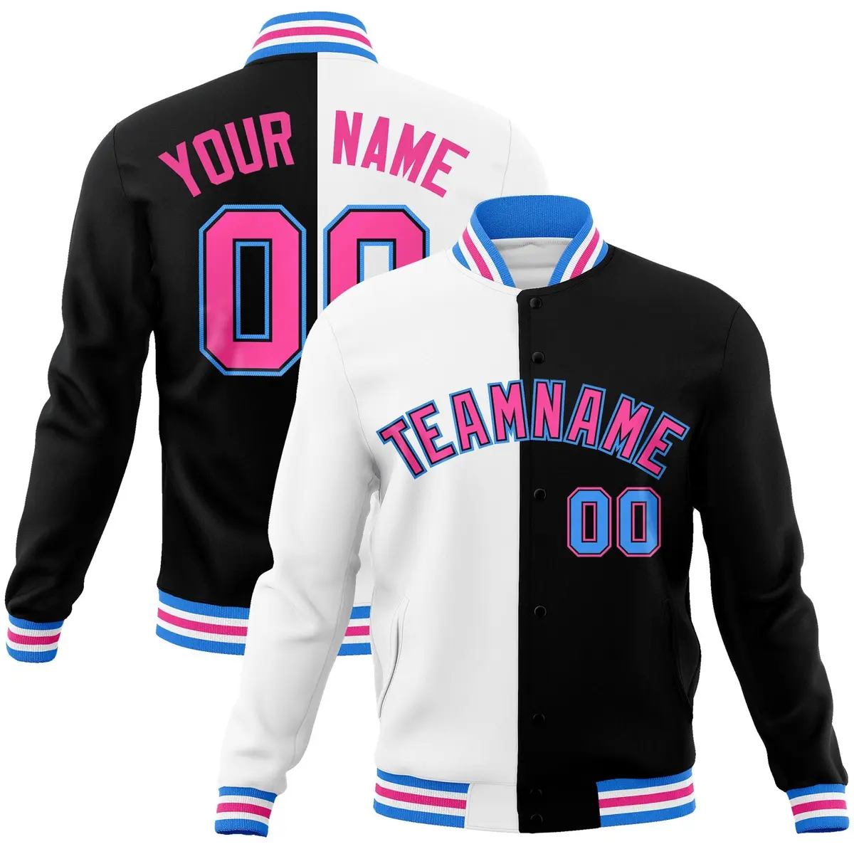 White Black-Pink Two Tone Split Varsity Full-Snap Letterman Jacket