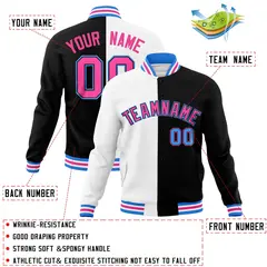 White Black-Pink Two Tone Split Varsity Full-Snap Letterman Jacket 4