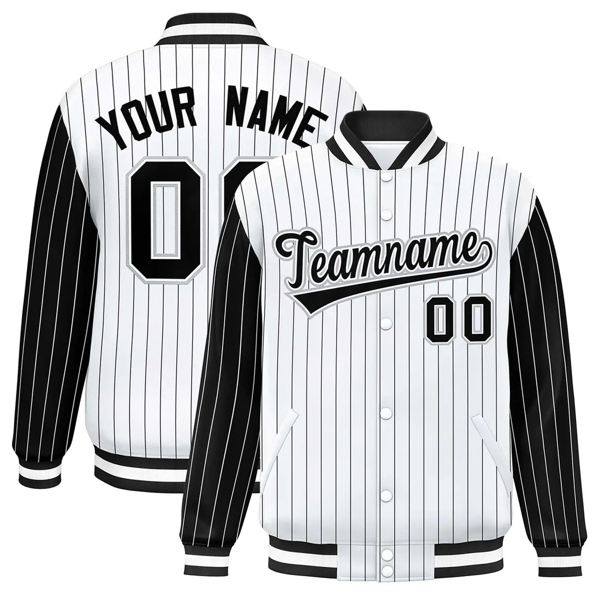 White Black Pinstripe Raglan Varsity Letterman Baseball Jacket