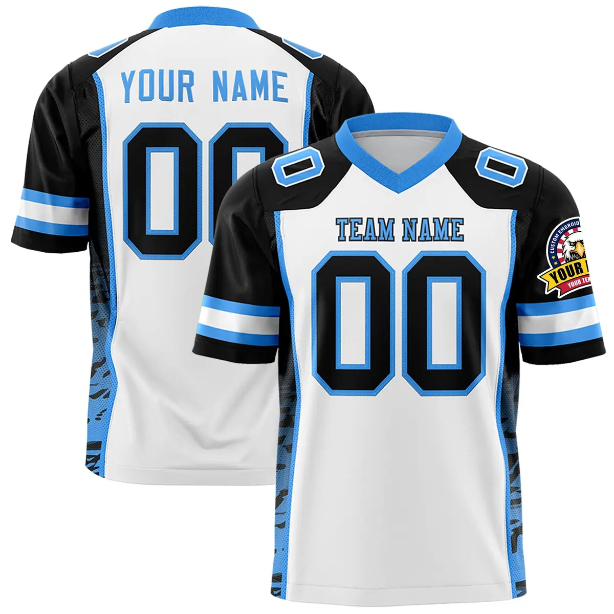 White Black-Powder Blue Raglan Side Pattern Football Jersey