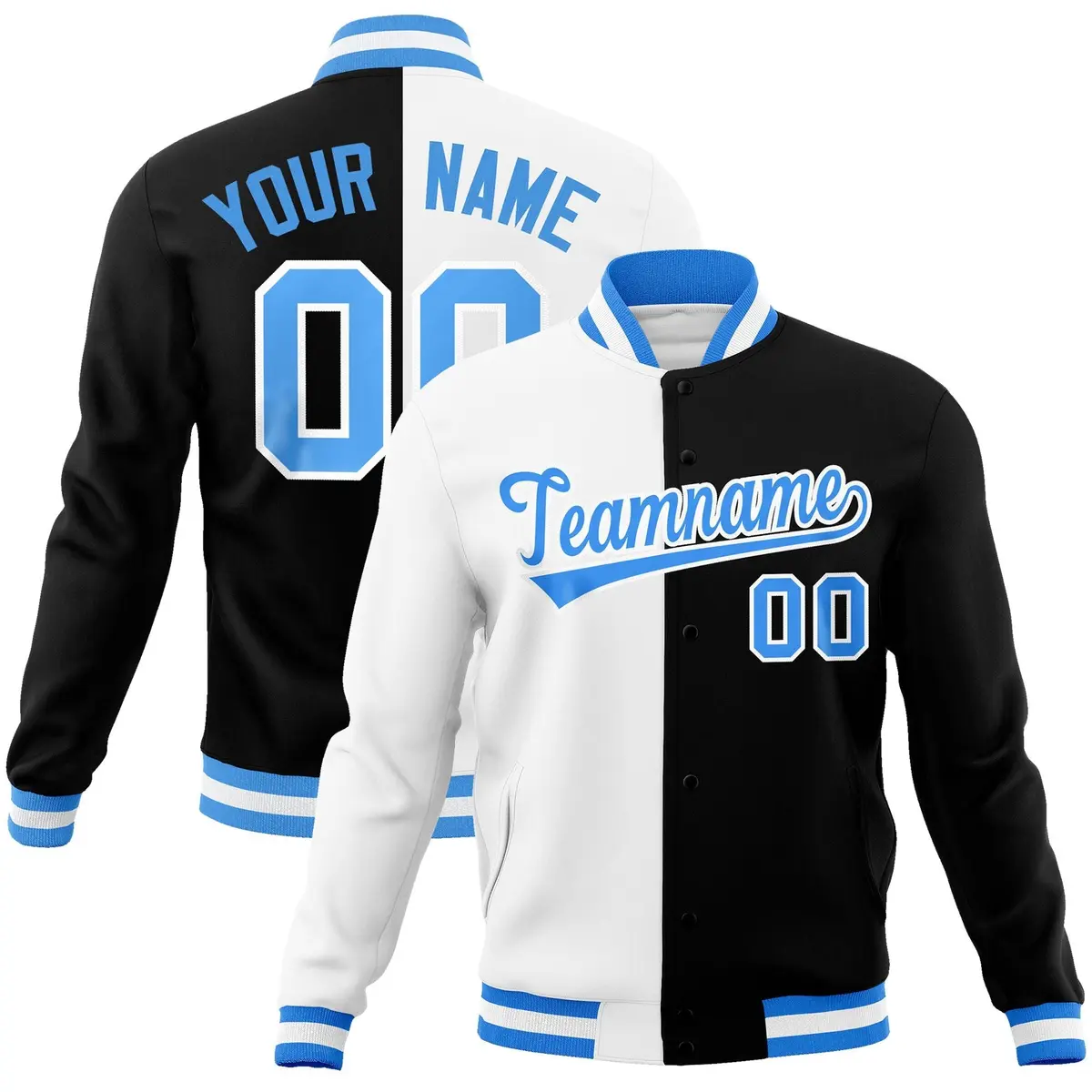White Black Powder Blue Split Varsity Full-Snap Letterman Jacket