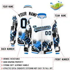 White Black-Powder Blue Street Graffiti Varsity Letterman Jacket 2
