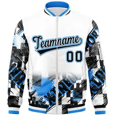 White Black-Powder Blue Street Graffiti Varsity Letterman Jacket 3