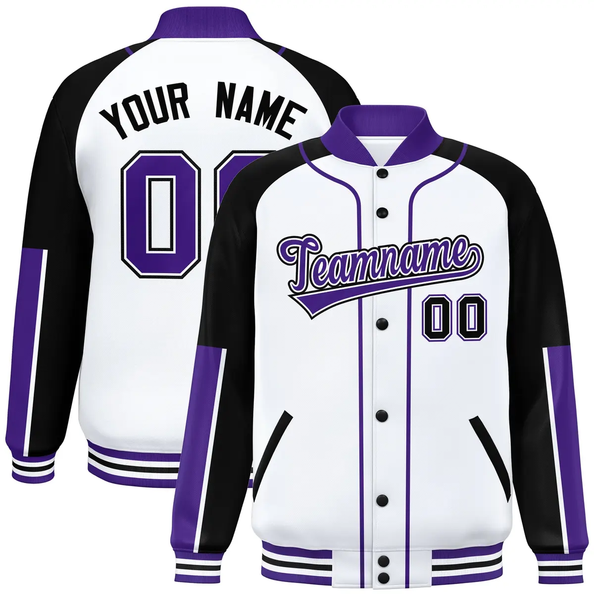 White Black-Purple Raglan Full-Snap Letterman Baseball Jacket
