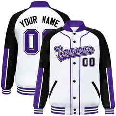 White Black-Purple Raglan Full-Snap Letterman Baseball Jacket 1