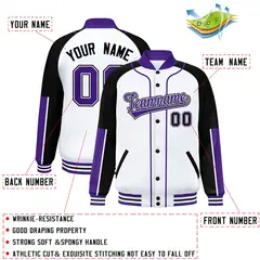 White Black-Purple Raglan Full-Snap Letterman Baseball Jacket 2