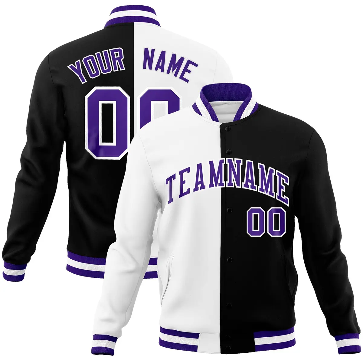 White Black Purple Split Varsity Full-Snap Letterman Jacket