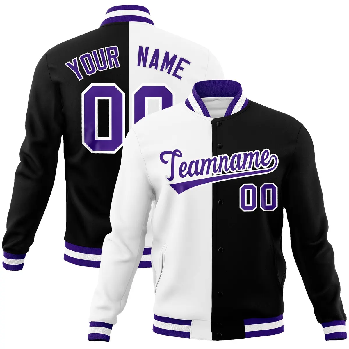 White Black Purple Split Varsity Full-Snap Letterman Jacket