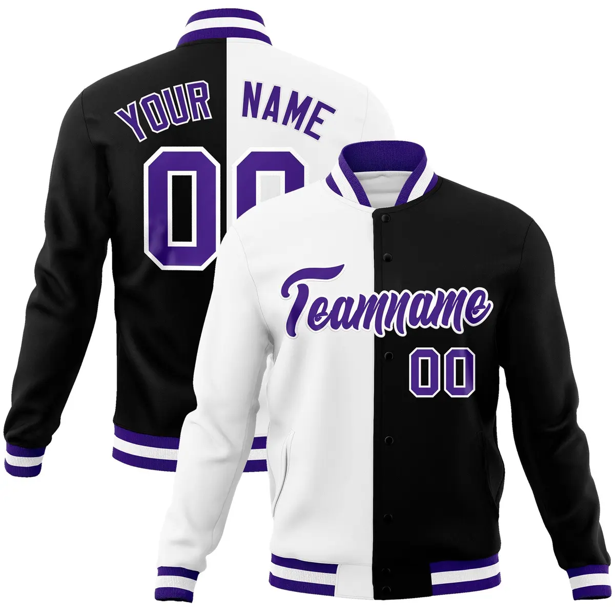 White Black Purple Split Varsity Full-Snap Letterman Jacket