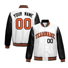 White Black Raglan Full-Snap Varsity Faux Leather Letterman Jacket