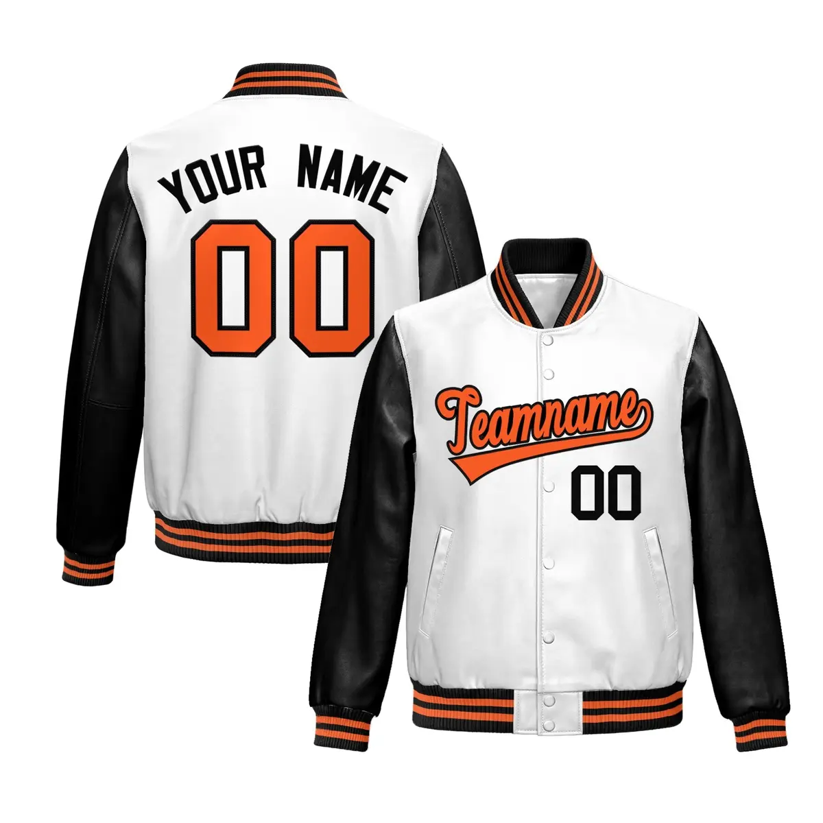 White Black Raglan Full-Snap Varsity Faux Leather Letterman Jacket