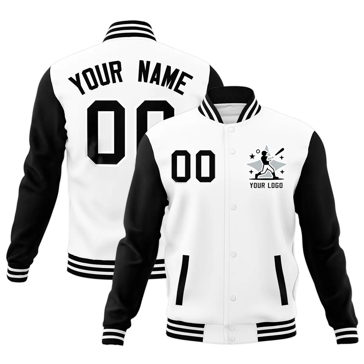 White Black Raglan Sleeves Full-Snap Letterman Cotton Jacket