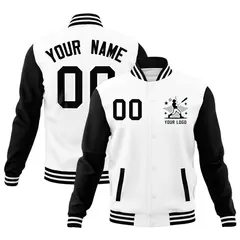 White Black Raglan Sleeves Full-Snap Letterman Cotton Jacket