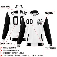 White Black Raglan Sleeves Full-Snap Letterman Cotton Jacket 2