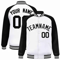 White Black Raglan Sleeves Varsity Full-Snap Letterman Jacket
