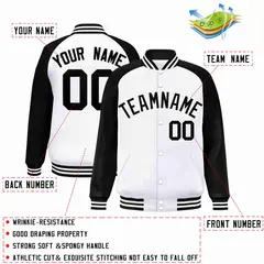 White Black Raglan Sleeves Varsity Full-Snap Letterman Jacket 2