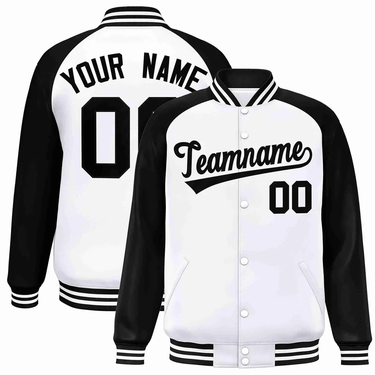 White Black Raglan Sleeves Varsity Full-Snap Letterman Jacket