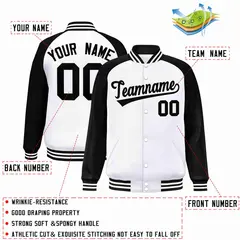White Black Raglan Sleeves Varsity Full-Snap Letterman Jacket 2
