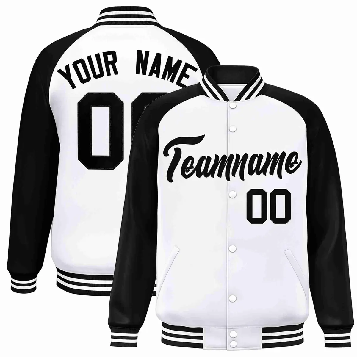 White Black Raglan Sleeves Varsity Full-Snap Letterman Jacket