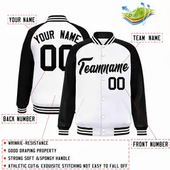 White Black Raglan Sleeves Varsity Full-Snap Letterman Jacket 2