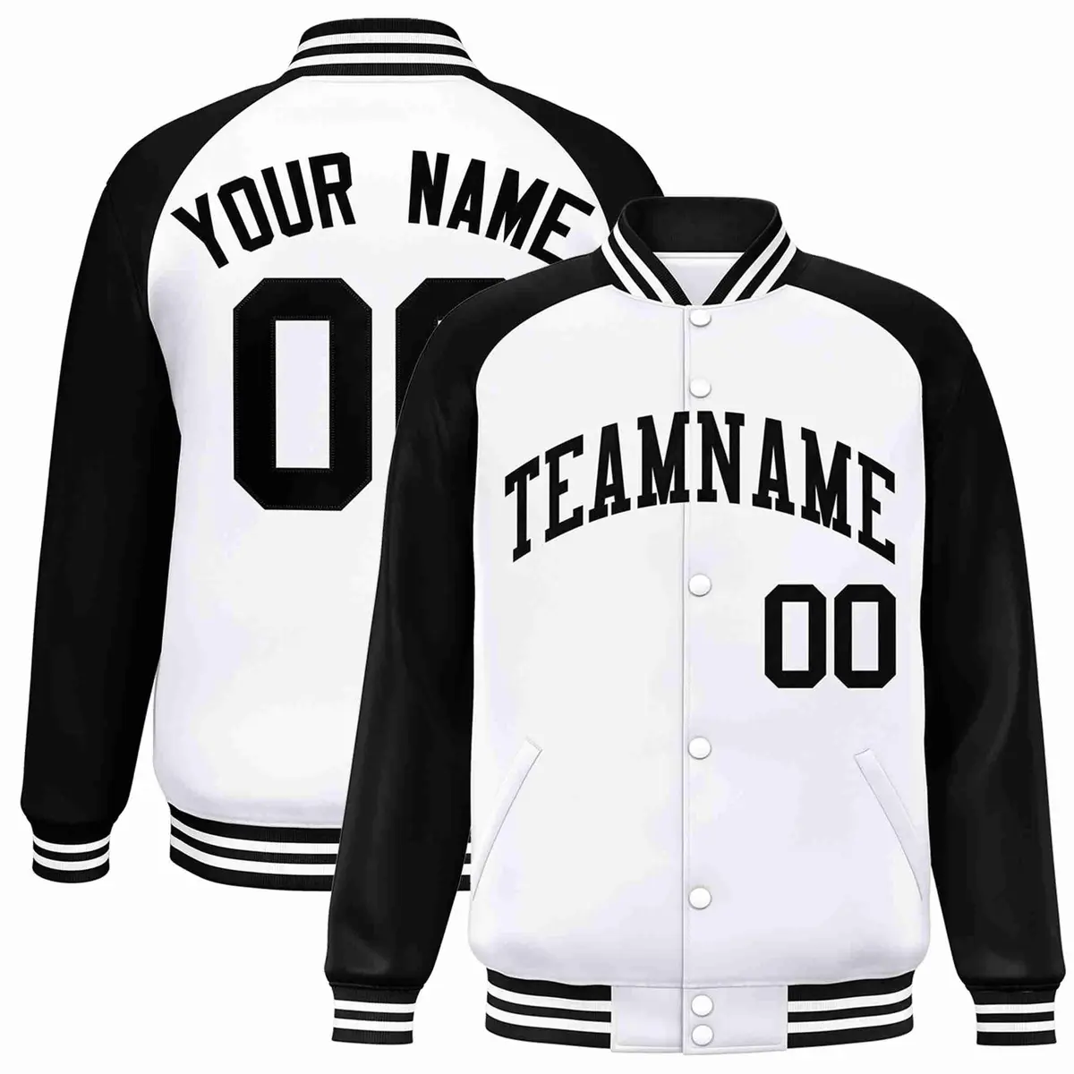 White Black Raglan Sleeves Varsity Full-Snap Letterman Jacket