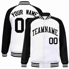 White Black Raglan Sleeves Varsity Full-Snap Letterman Jacket
