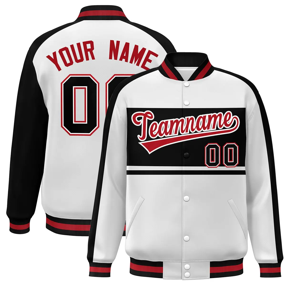 White Black-Red Color Block Varsity Baseball Bomber Jacket