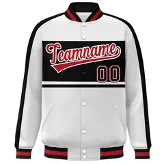 White Black-Red Color Block Varsity Baseball Bomber Jacket 3