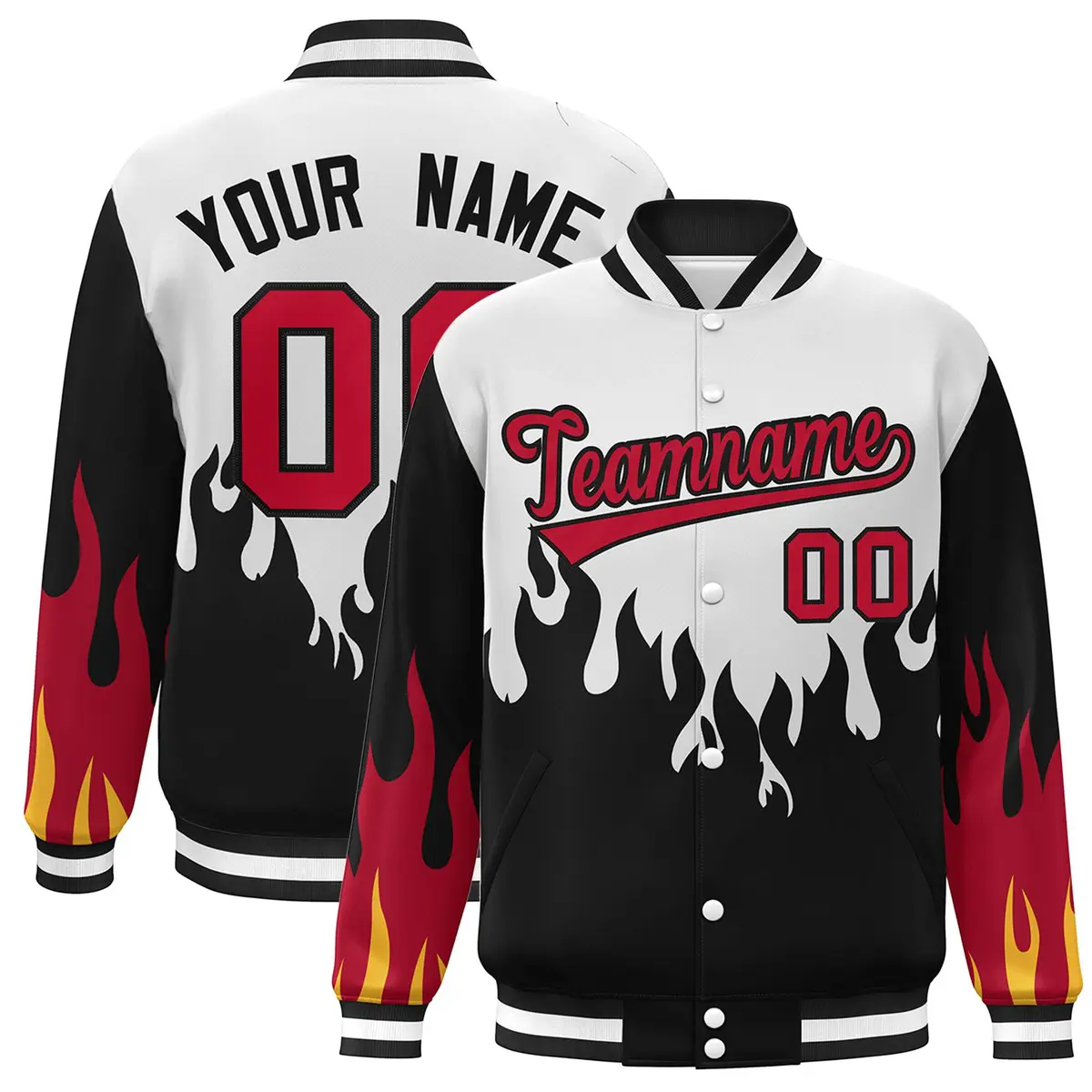 White Black-Red Flame Graffiti Varsity Full-Snap Bomber Jacket