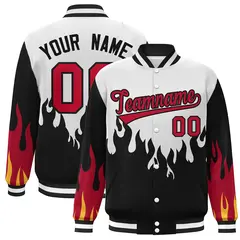 White Black-Red Flame Graffiti Varsity Full-Snap Bomber Jacket
