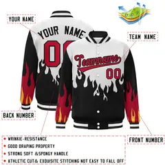 White Black-Red Flame Graffiti Varsity Full-Snap Bomber Jacket 2