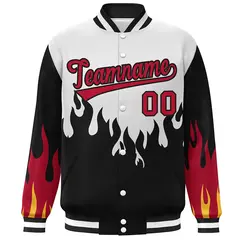 White Black-Red Flame Graffiti Varsity Full-Snap Bomber Jacket 3