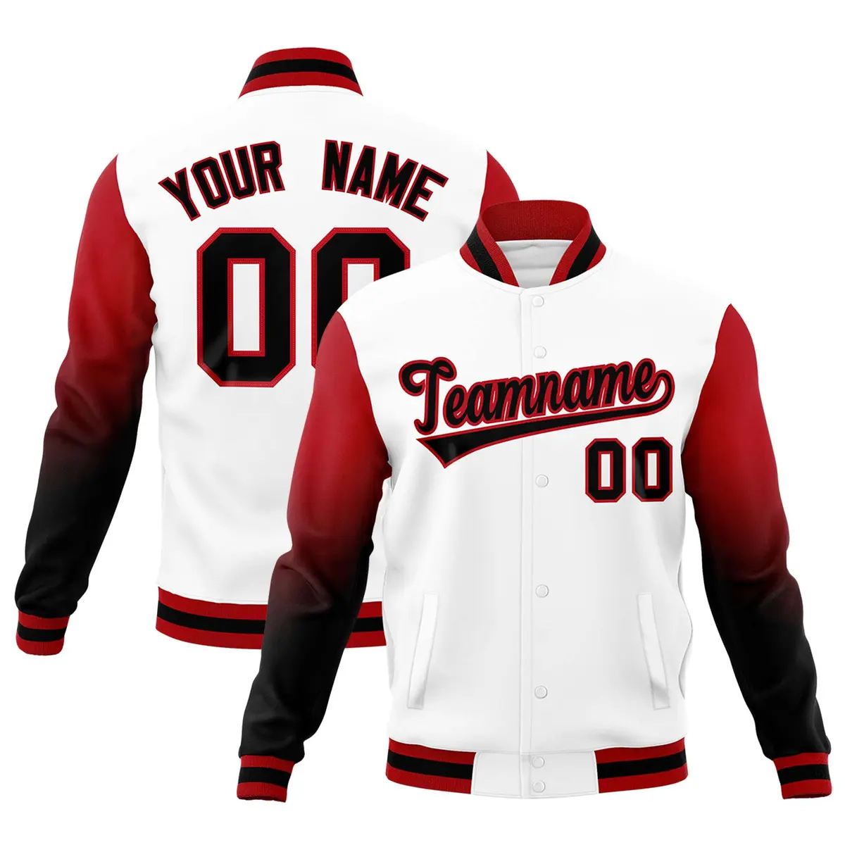 White Black Red Gradient Raglan Full-Snap Letterman Jacket