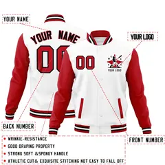 White Black Red Raglan Full-Snap Letterman Cotton Jacket 2